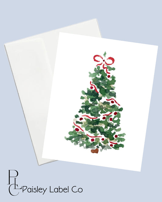 Watercolor Christmas Tree Red Bow Winter Cards Holiday Festive  Stationery Stationary Folded Notecards Note Cards Set of 12