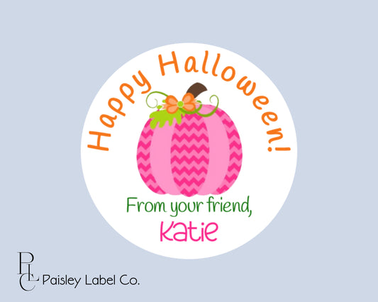 Happy Halloween Labels and Stickers Fall Chevron Pink Pumpkin Gourd Class Party Favors Gift GivingTag Goodie Bag Tags Round Multiple Sizes