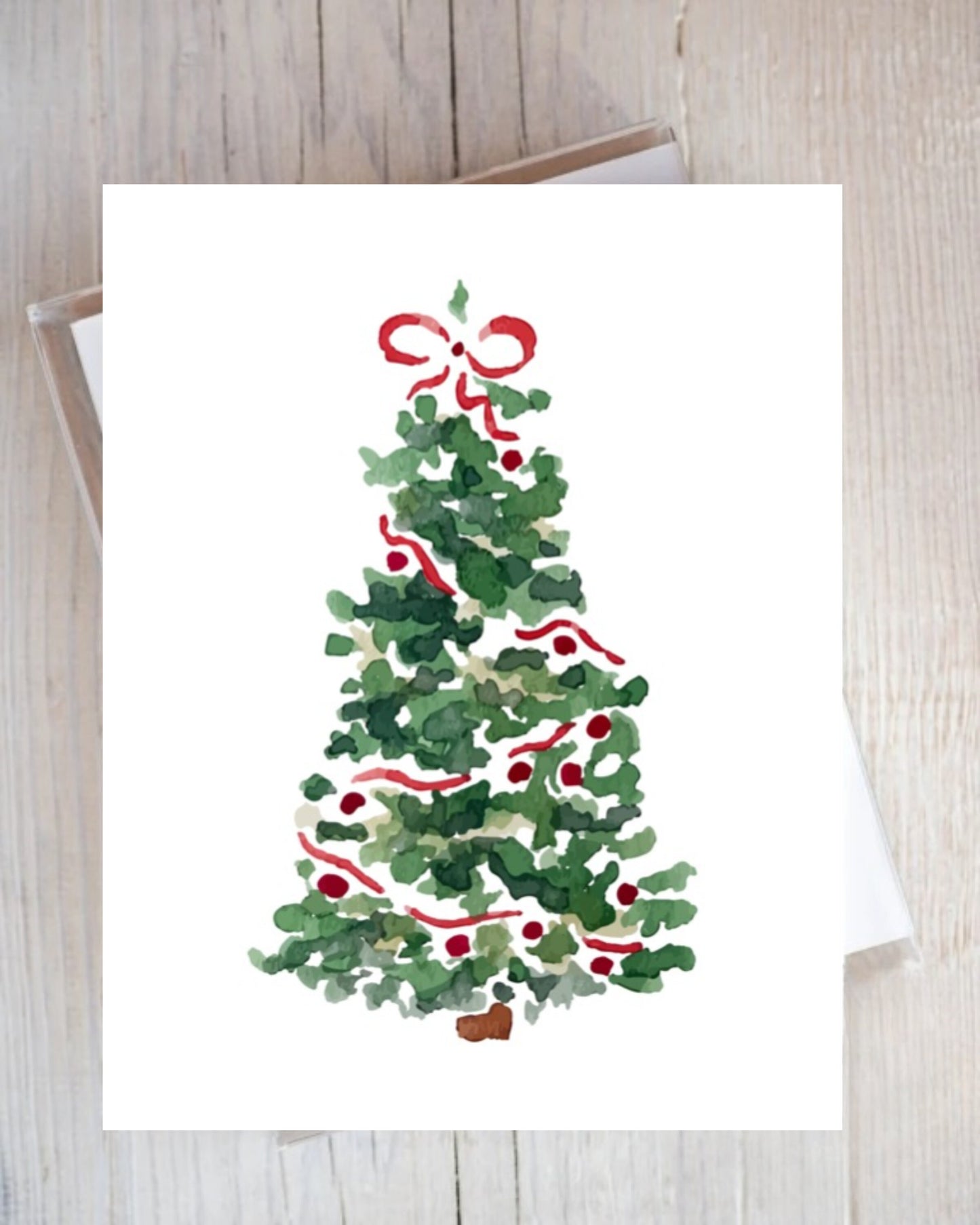 Watercolor Christmas Tree Red Bow Winter Cards Holiday Festive  Stationery Stationary Folded Notecards Note Cards Set of 12