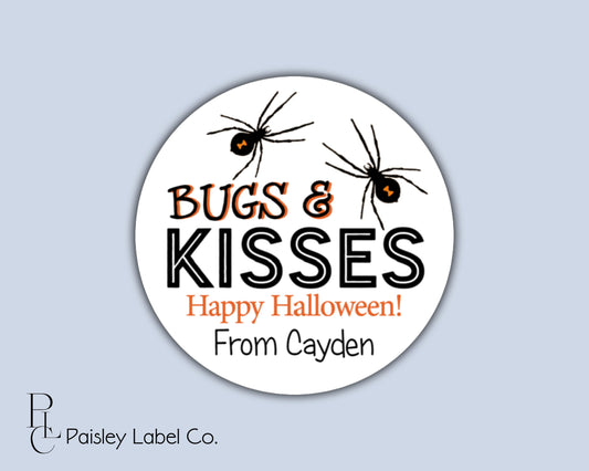 Happy Halloween Labels and Stickers Bugs & Kisses Spider Class Black Orange Party Favors Gift Giving Tag Goodie Bag Tags Round