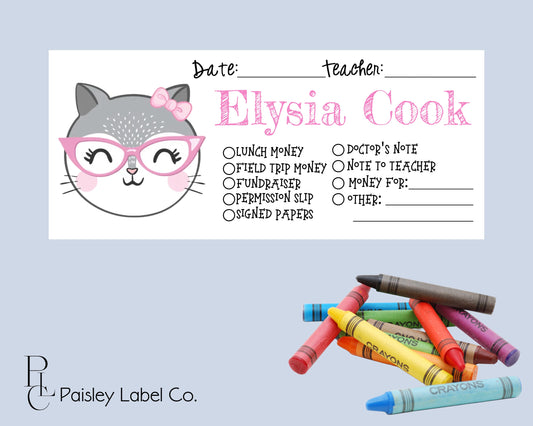 Back To School Money Envelopes School Stationery Personalized Student Kids Envelopes Cat Kitten Face Glasses Girl Gray Kitty 50s Cat