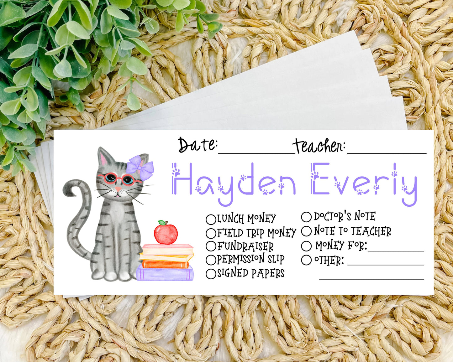 Back To School Tabby Cat Kitty Kitten Purple Bow Books Apple  Lunch Money Envelopes  Supplies Personalized Student Kids Teacher Envelope
