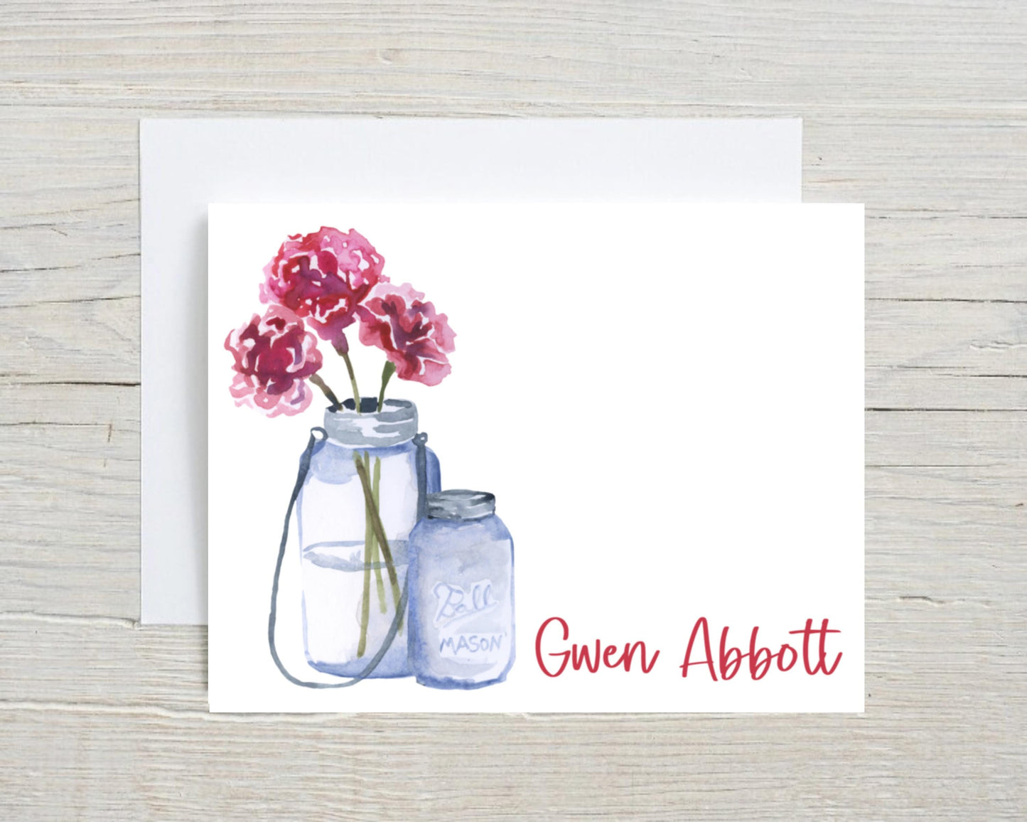 Watercolor Mason Jar Pink Red Flower Farmhouse Style Notecard Note Card Personalized Custom Stationery Stationary Folded Notecard Set