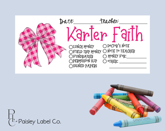 Back To School Money Envelopes School Stationery Personalized Student Kids Envelopes Preppy Hot Pink Gingham Checkered Plaid Bow Name School