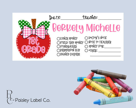 Back To School Red Apple Pink Gingham Checkered Bow Grade Lunch Money Envelopes School Supplies Personalized Student Kids Teacher Envelopes