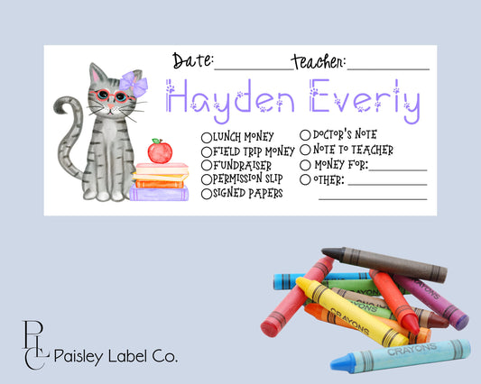 Back To School Tabby Cat Kitty Kitten Purple Bow Books Apple  Lunch Money Envelopes  Supplies Personalized Student Kids Teacher Envelope