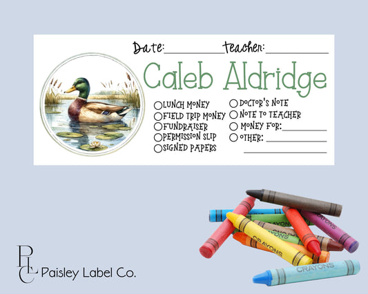 Back To School Mallard Duck Hunting Boys Lunch Money Envelopes Supplies Personalized Student Kids Teacher Envelopes