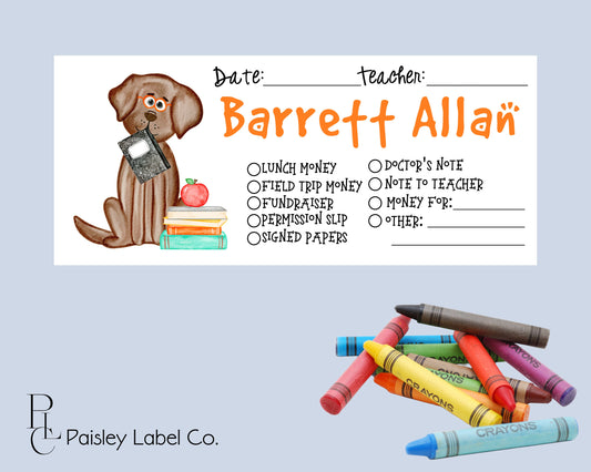Back To School Chocolate Brown Lab Stacked Books Apple Dog Puppy Books Money Envelopes Supplies Personalized Student Kids Teacher Envelopes