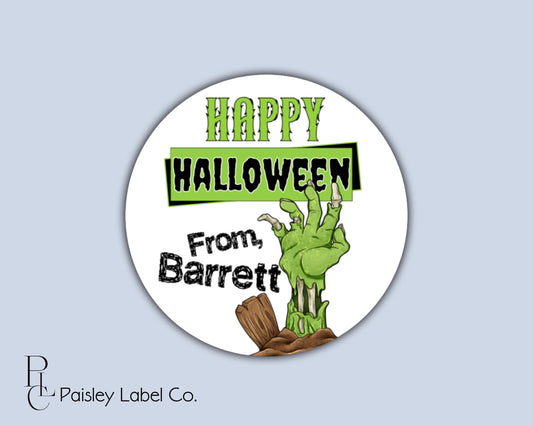 Happy Halloween Labels and Stickers Kids School Class Party Favors Lime Green Zombie Hand Grave Walkers Gift Giving Tag Goodie Bag Tag Round