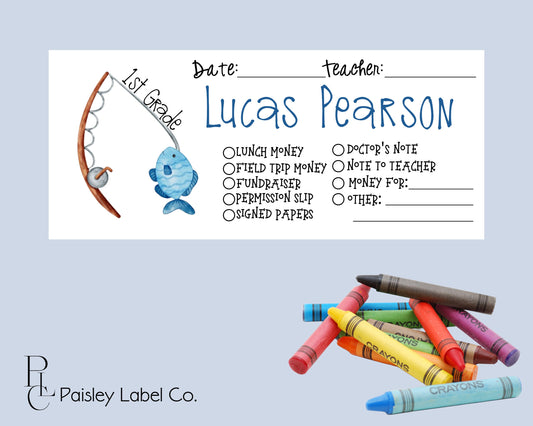 Back To School Money Envelopes School Stationery Personalized Student Kids Envelopes Hooked on School Fishing Reel Blue Name School Supplies