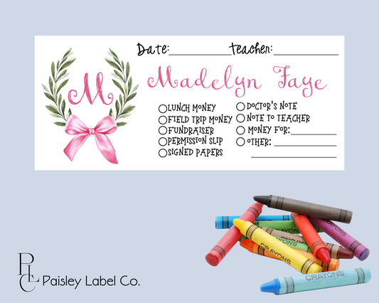 Back To School Money Envelopes School Stationery Personalized Student Kids Envelopes Preppy Crest Wreath Laurel Monogram Pink Bow Girl