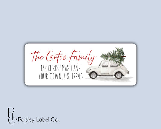 Personalized Merry Christmas Tree Winter Retro Vintage Bug Beetle Holiday Minimalist Return Address Labels Mailing Stickers Sheet of 30