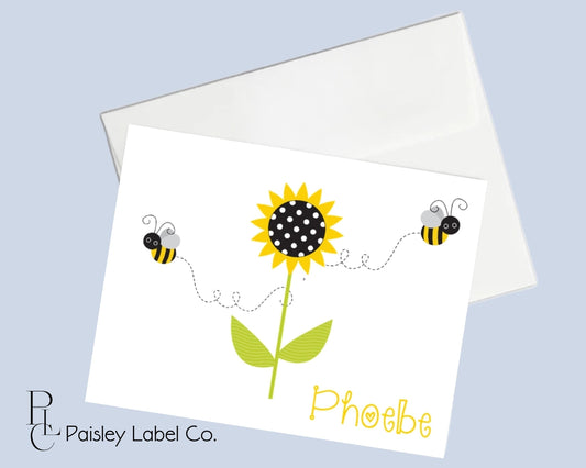 Sunflower Sun Flower Bumble Bee Spring Yellow  Name Notecard Note Card Personalized Custom Stationery Stationary Folded Notecard Set