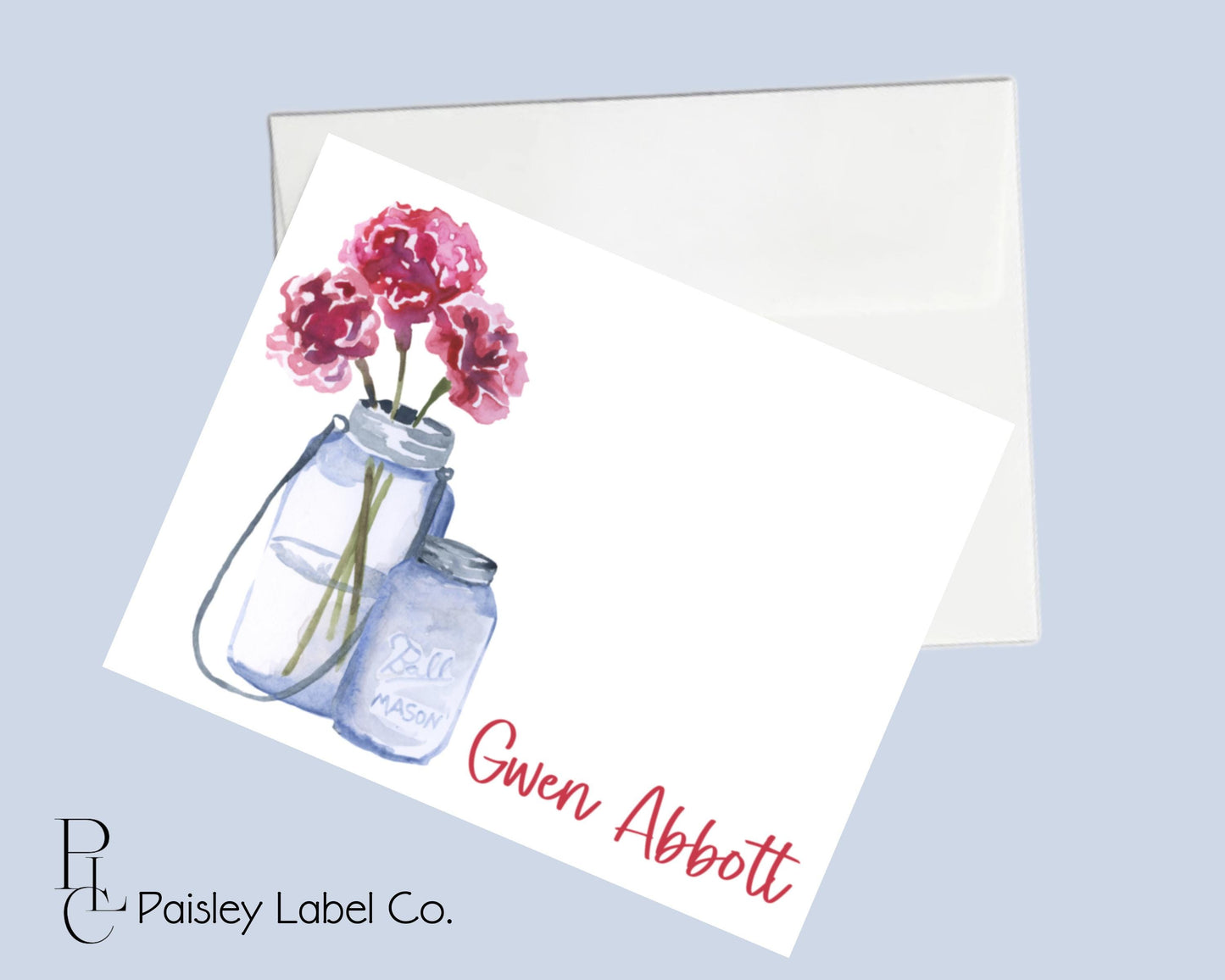 Watercolor Mason Jar Pink Red Flower Farmhouse Style Notecard Note Card Personalized Custom Stationery Stationary Folded Notecard Set