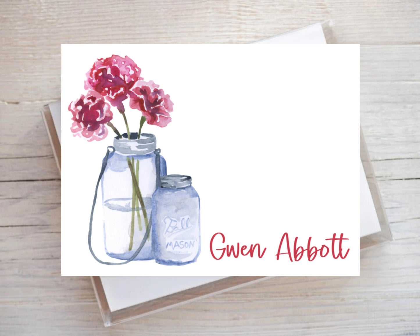 Watercolor Mason Jar Pink Red Flower Farmhouse Style Notecard Note Card Personalized Custom Stationery Stationary Folded Notecard Set