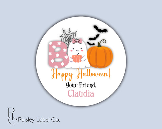 Happy Halloween Boo Pink Bow Girl Ghost Bats Pumpkin Ditzy Flowers Spider Web Party Favors Gift Giving Tag Goodie Bag Tags Round