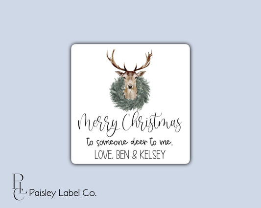 Personalized Merry Christmas To Someone Deer to Me Reindeer Wreath Gift Holiday Tag Family Square Sticker Elegant Gift Giving Multiple Sizes
