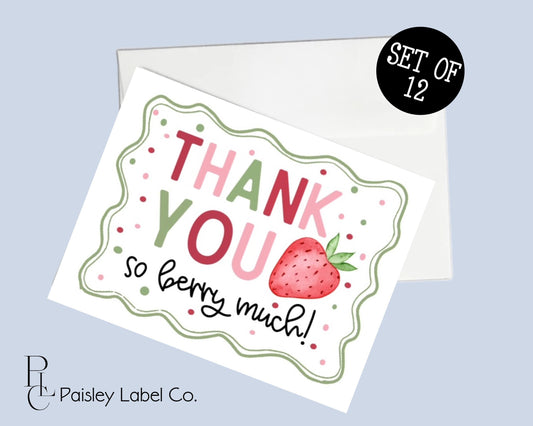 Strawberry Fields Thank You So Berry Much Polka Dot Birthday Strawberries Thank You Printed and Shipped  Flat or Folded Note Card Set of 12