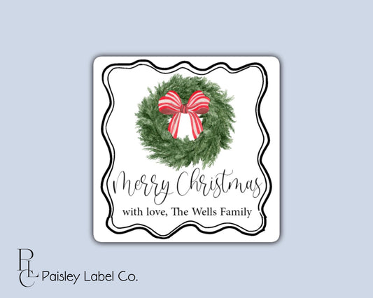 Personalized Merry Christmas Winter Wreath Watercolor Red Bow Gift Holiday Tag Family Square Sticker Elegant Gift Giving Multiple Sizes