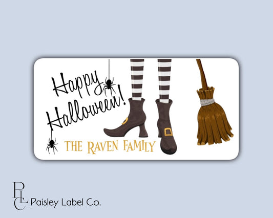 Happy Halloween Witches Legs Feet Broom Black Spiders Spiders Gift Tag Treat bag Party Favor Stickers Labels Sheet of 10