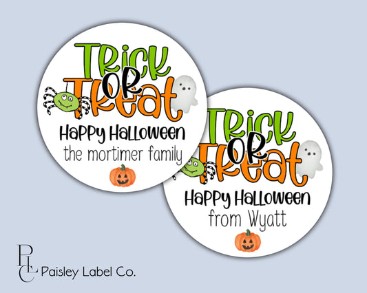 Happy Halloween Bright Bold Colorful Trick or Treat Ghost Green Happy Whimsical Spider Party Favors Gift Giving Tag Goodie Bag Tags Round