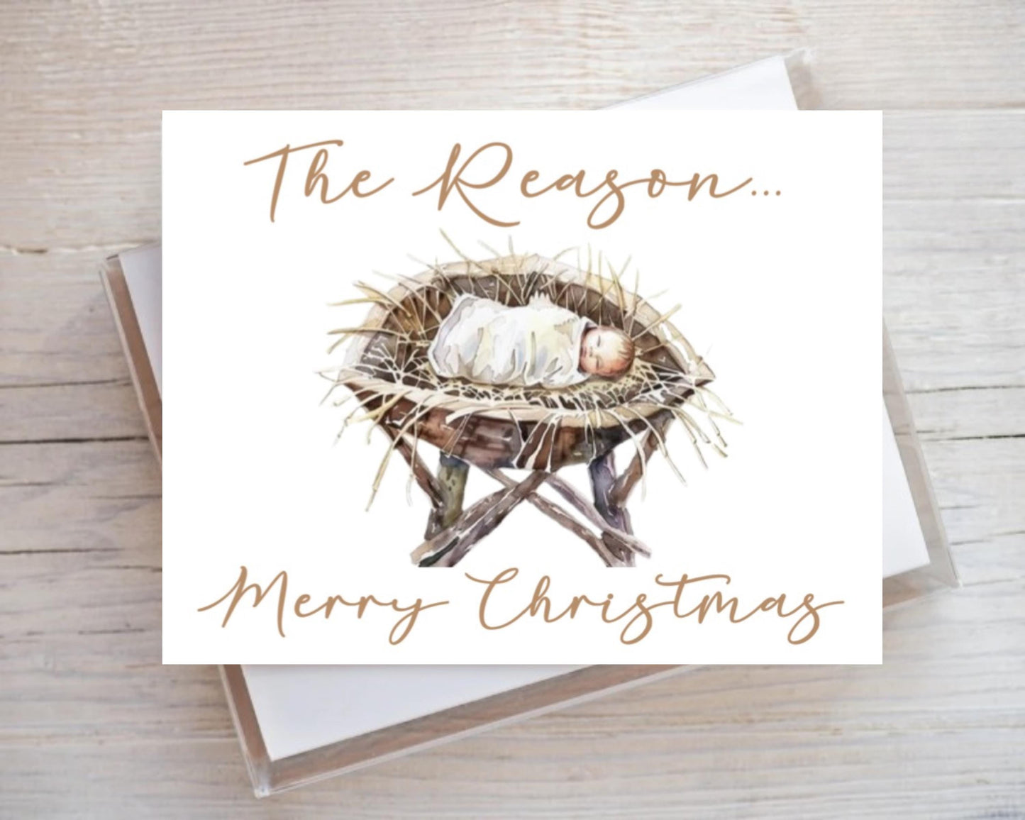 Merry Christmas The Reason Baby Jesus in a Manger Watercolor Religious Notecard Note Card Stationery Stationary Folded Notecards Set