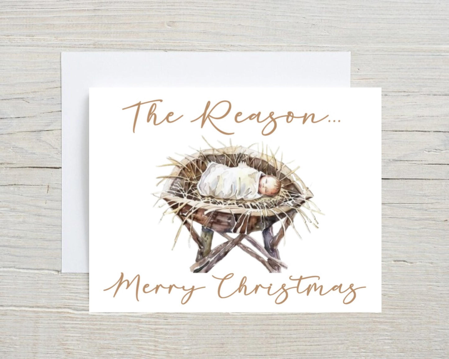 Merry Christmas The Reason Baby Jesus in a Manger Watercolor Religious Notecard Note Card Stationery Stationary Folded Notecards Set