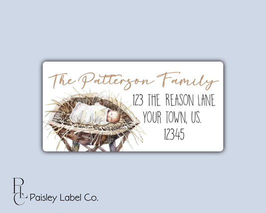 Merry Christmas Baby Jesus in Manger Religious The Reason Watercolor Mailing Labels Personalized Return Address Labels Sheet of 21