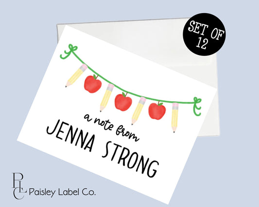 Teacher Note Card Notecard Set Yellow Pencil Apple Banner Personalized Teacher Gift Back To School Gift Teacher Christmas Gift School Office