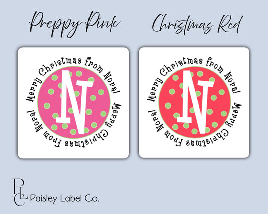 Preppy Pink Lime Green Merry Christmas Red Round Circle Polka Dot Monogram Gift Tag  Tag Square Sticker To From Gift Giving Multiple Sizes