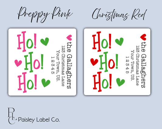 Preppy Pink Christmas Red Green Hearts HO! HO! HO! Large Square Side Address Return Address Labels Stickers Personalized Multiple Sizes