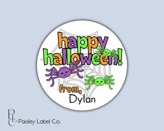 Happy Halloween Bright Bold Spiders Purple Green Spider Web Colorful Class Orange Party Favors Gift Giving Tag Goodie Bag Tags Round