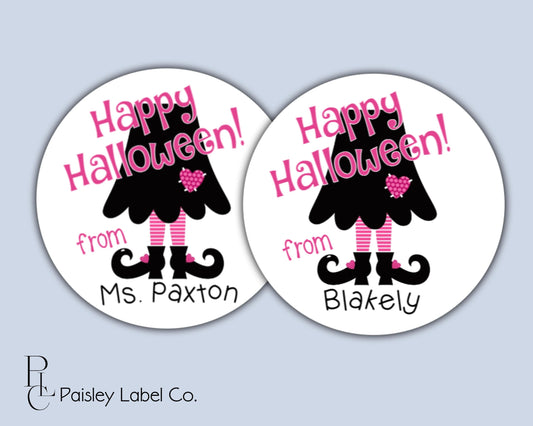 Happy Halloween Bright Bold Hot Pink Witches Witching Legs Feet Girl Party Favors Gift Giving Tag Goodie Bag Tags Round Stickers Labels