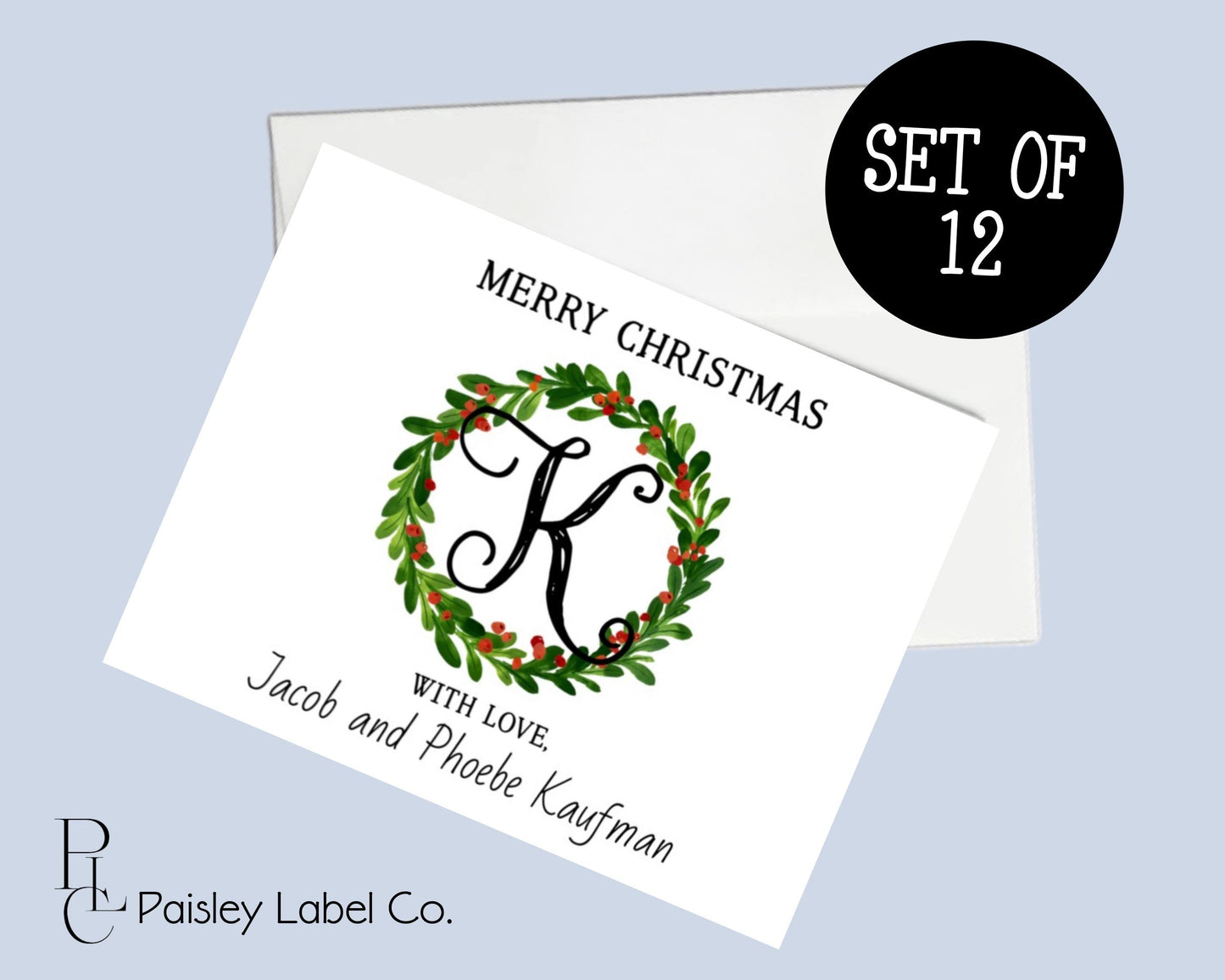 Christmas Winter Monogram Wreath Personalized Holly Berries Eucalyptus Wreath Merry Christmas Stationery Stationary Folded Notecards Set