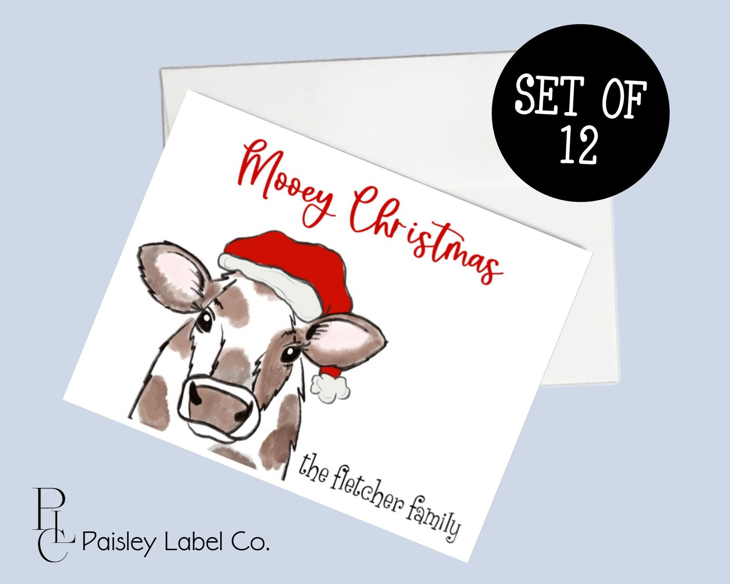 Christmas Cow Mooey Christmas Santa Hat Moo Cow Farm Life Christmas Merry Heifer Personalized Notecard Note Card Stationery Stationary Set