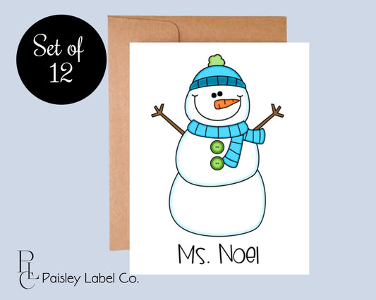 Personalized Snowman Note Card Set Notecard Thank You Note Winter Teacher Gift Stationery Set Stationary Folded or Flat Blank Notecard