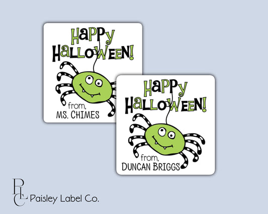 Happy Halloween Whimsical Happy Silly Spider Student Teacher Kid Green School Party Favor Label Tag Square Sticker Giving Multiple Sizes