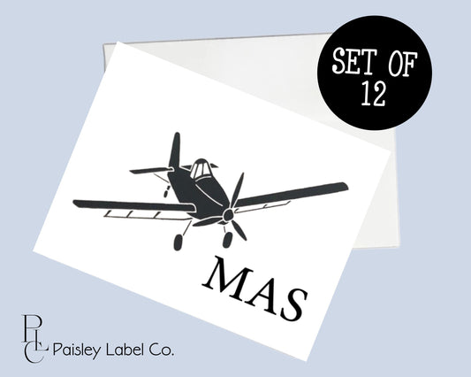 Crop Duster Silhouette Field Sprayer Agricultural Mens Boys Gift Monogram Initials Airplane Initials Notecard Note Card Stationery Set