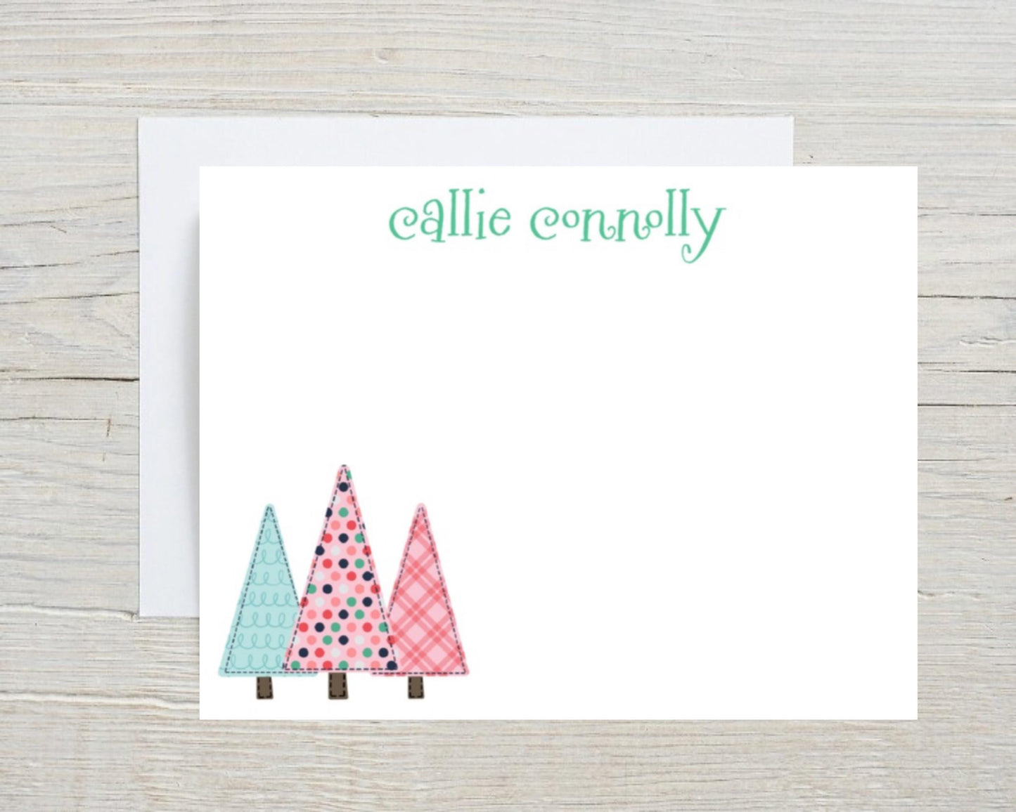 Preppy Pink Christmas Trees Tree Polka Dot Plaid Checkered Merry Christmas Personalized Folded  Notecard Note Card Stationery Stationary Set
