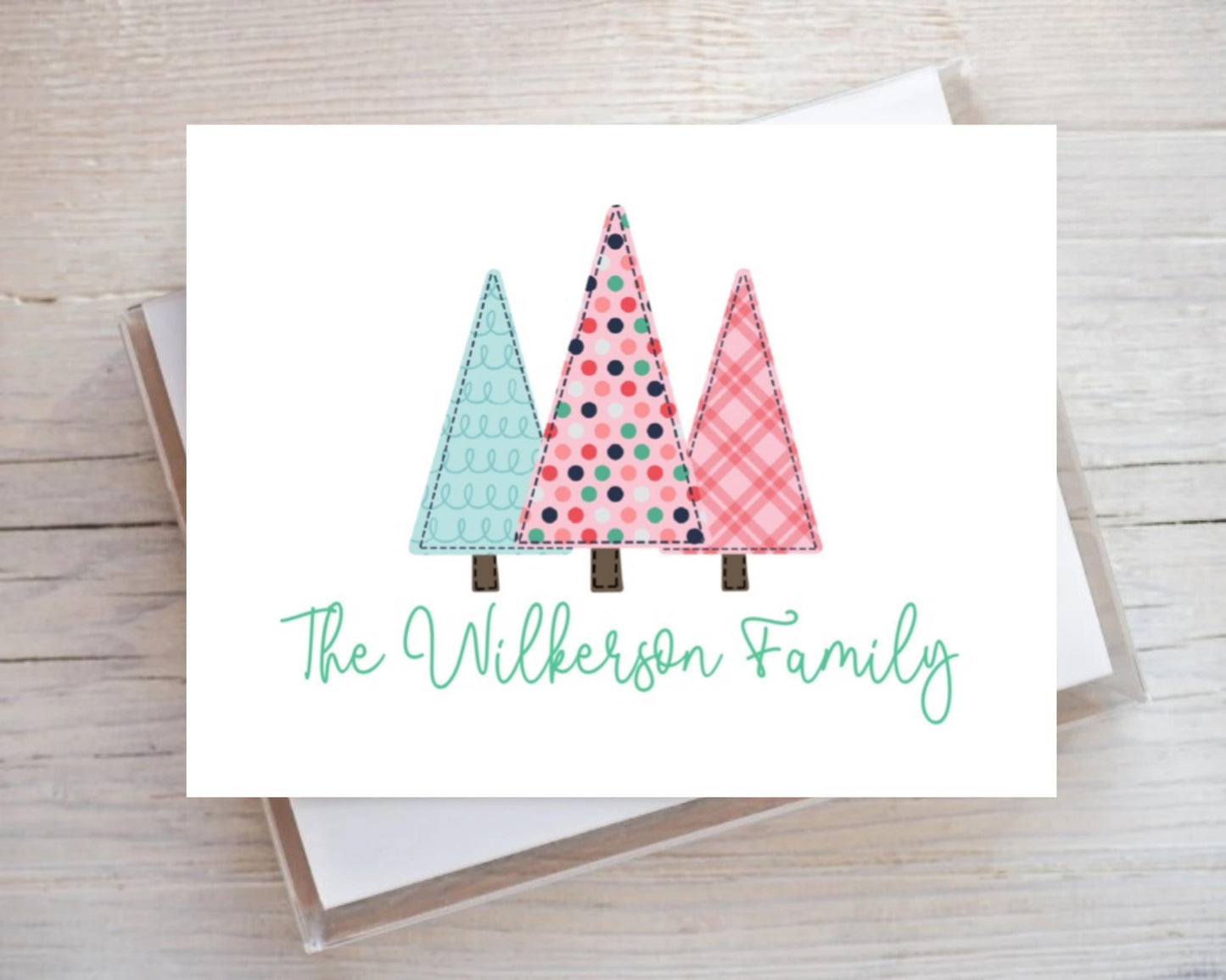 Preppy Pink Christmas Trees Tree Polka Dot Plaid Checkered Merry Christmas Personalized Folded  Notecard Note Card Stationery Stationary Set