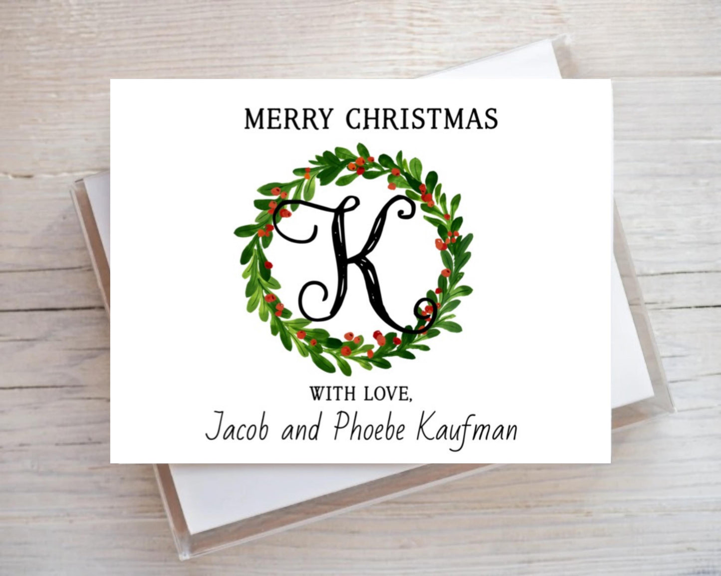 Christmas Winter Monogram Wreath Personalized Holly Berries Eucalyptus Wreath Merry Christmas Stationery Stationary Folded Notecards Set