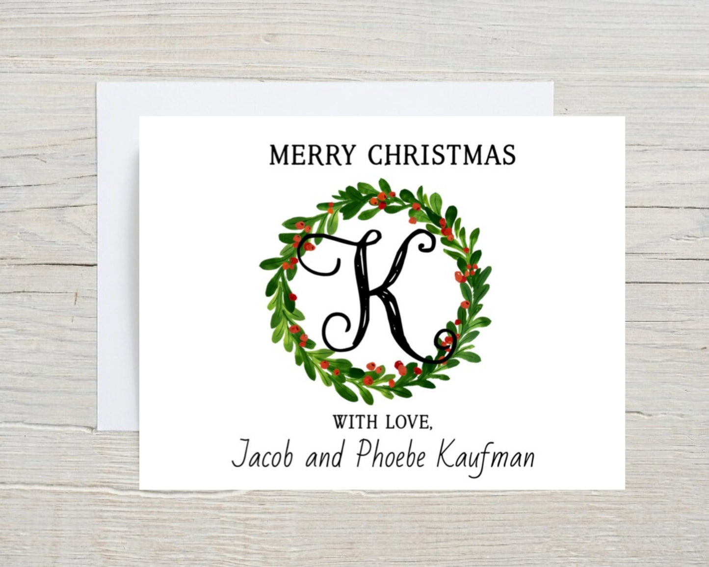 Christmas Winter Monogram Wreath Personalized Holly Berries Eucalyptus Wreath Merry Christmas Stationery Stationary Folded Notecards Set