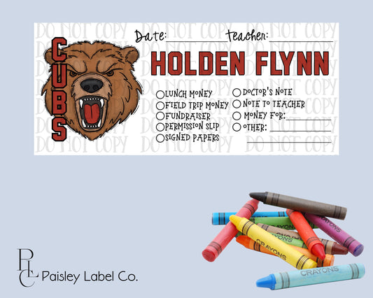 Back To School Money Envelopes School Stationery Personalized Student Kids Envelopes Bear Cubs Mascot School Spirit Organization Name School