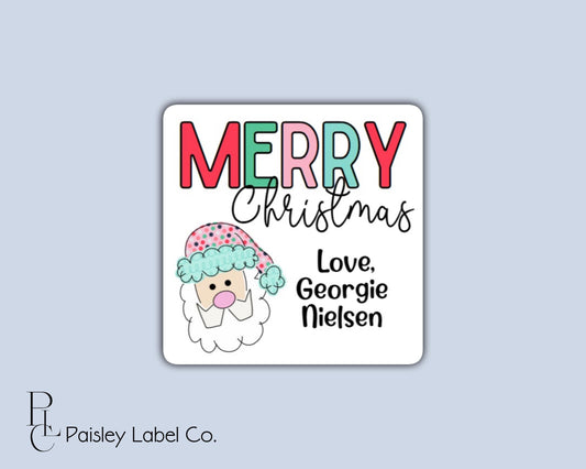 Preppy Pink Santa Claus St. Nick Merry Christmas Polka Dot Gift Tag Holiday Colorful Tag Square Sticker To From Gift Giving Multiple Sizes
