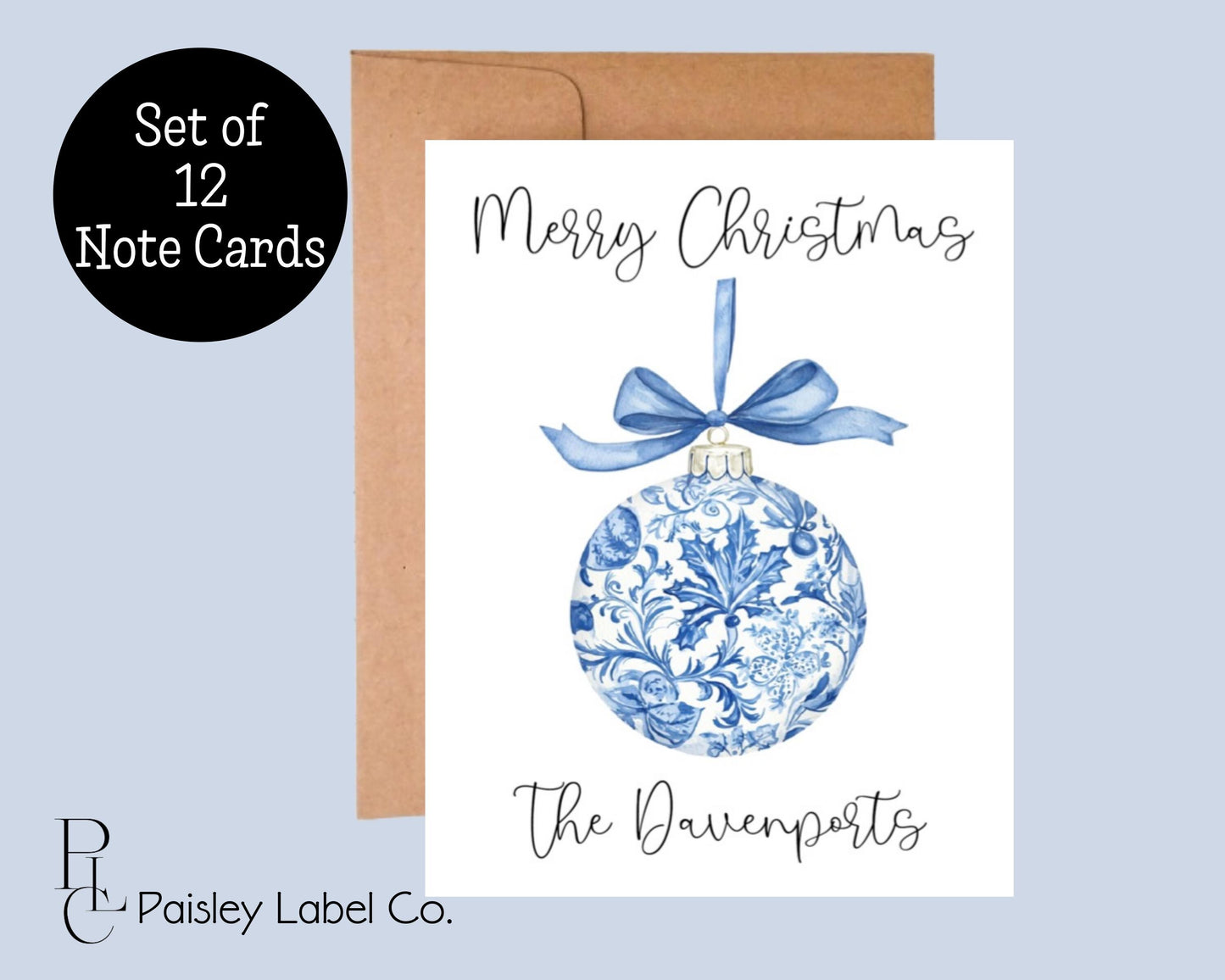 Preppy Blue Toile Grandmillennial Chinoiserie Christmas Bow Ornament Babble Folded Notecard Note Card Stationery Stationary Set Blank Inside