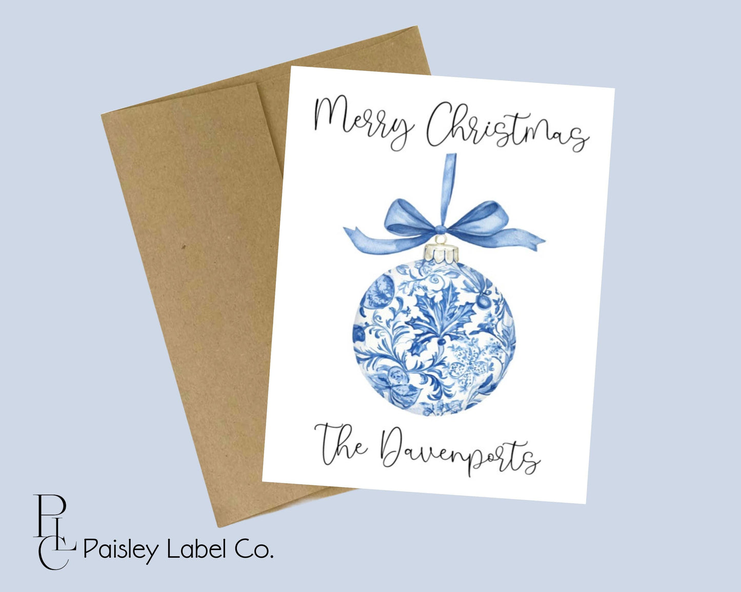 Preppy Blue Toile Grandmillennial Chinoiserie Christmas Bow Ornament Babble Folded Notecard Note Card Stationery Stationary Set Blank Inside