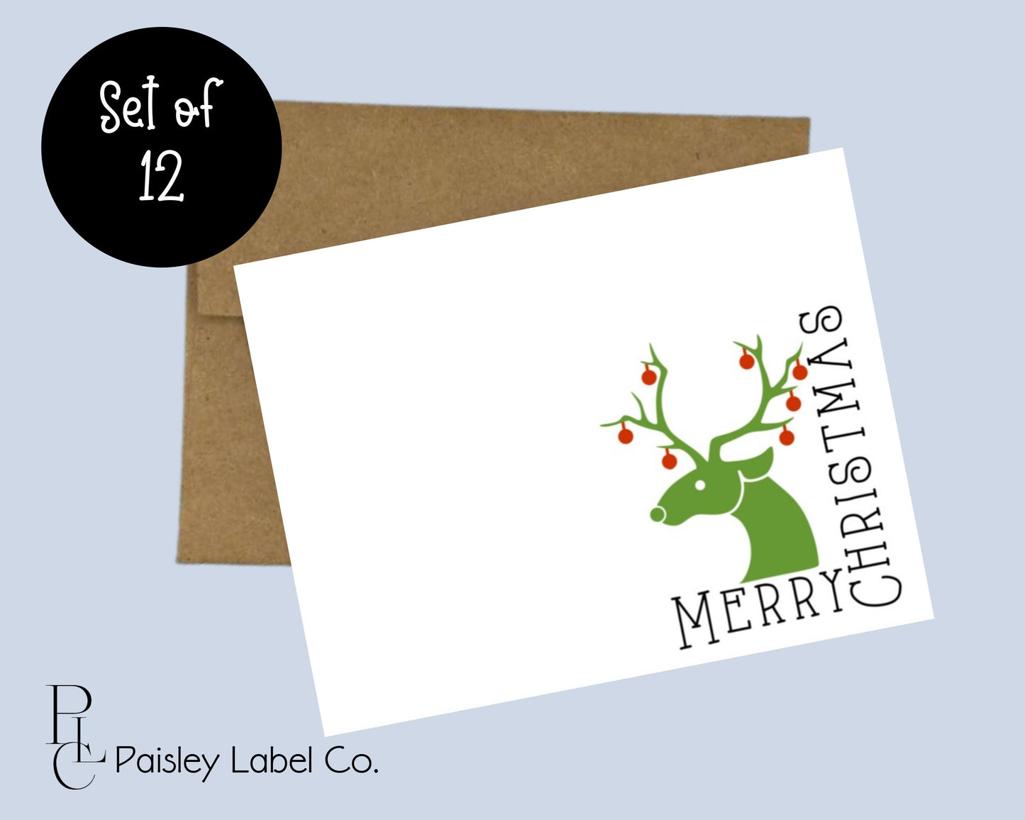 Classic Simple Minimalist Corner Green Red Reindeer Deer Gift Notecard Note Card Custom Business Stationery Stationary Folded Notecard Set