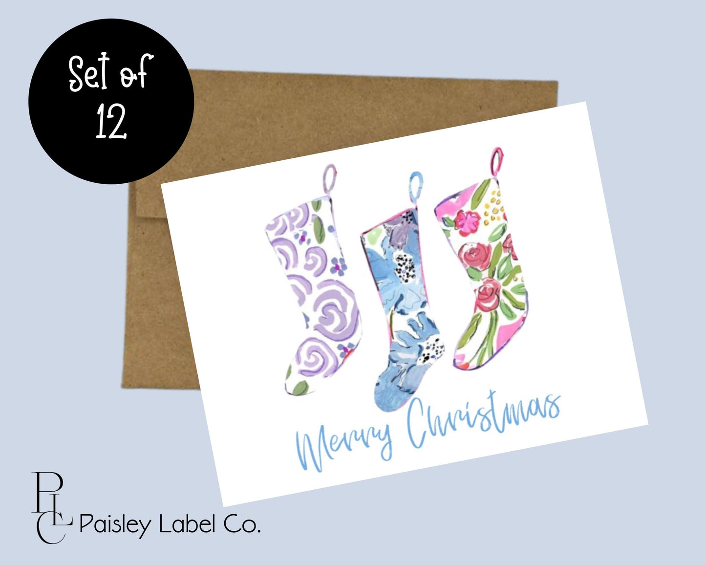 Preppy Watercolor Merry Christmas Stockings Floral Flowers Pink Gift Notecard Note Card Custom Stationery Stationary Folded Notecard Set