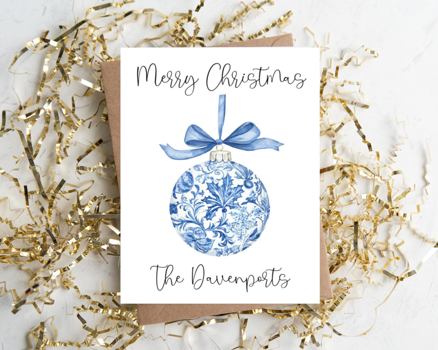 Preppy Blue Toile Grandmillennial Chinoiserie Christmas Bow Ornament Babble Folded Notecard Note Card Stationery Stationary Set Blank Inside