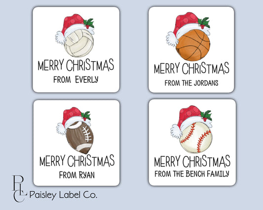 Merry Christmas Sports Kids Baseball Basketball Volleyball Football Santa Hat Holly Gift Tag Label Tag Square Sticker To From Gift Giving